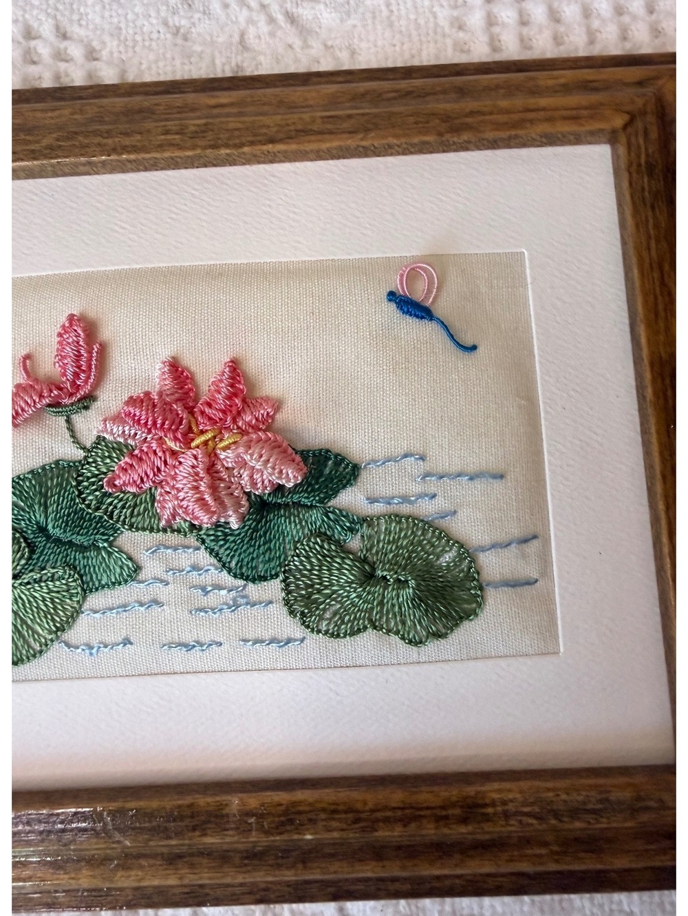 Embroidered needepoint flowers, lily pads, and dragonfly with frame - Picture 3 of 6